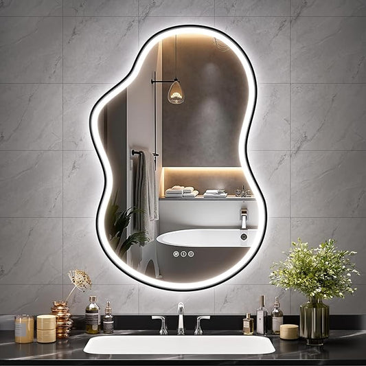 Hasipu Irregular Bathroom Mirror with Lights - 24"x35" LED Asymmetrical Wall Mirror, Abstract Modern Lighted Vanity Mirror for Wall, Anit-Fog, Dimmable, Memory, Vertical/Horizontal (Black