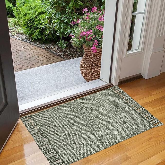 Collive Small Bathroom Rug, 2' x 3' Hand-Woven Low Profile Front Entryway Rug, Olive Green/Cream Cotton Reversible Washable Kitchen Mat Modern Farmhouse Carpet for Foyer Bedroom Back Door Decor