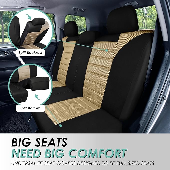 FH Group Automotive Car Seat Covers Full Set Premium 3D Air Mesh Front Seat Covers, Airbag Compatible & Split Bench Cover Universal Fit Interior Accessories for Cars Trucks and SUVs - Beige