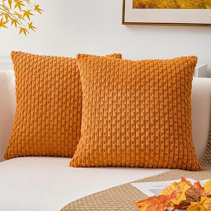 Kevin Textile Fall Throw Pillow Covers Soft Corduroy Decorative Set of 2 Boho Striped Pillow Covers Pillowcases Farmhouse Home Decor for Couch Bed Sofa Living Room 22x22 Inch Orange Yellow
