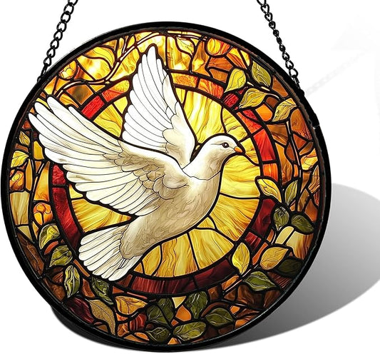 DASTOLL Stained Glass Window Hanging, Flying White Dove Sun Catchers Diamond Glass Panel Hangings Cute Birds Suncatcher Decor for Birthday for Women, Men, Wife, Aunt,and Mom 7.8X7.8IN