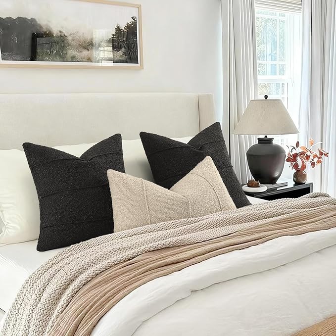 YCOLL Textured Boucle Throw Pillow Covers 20x20 Pack of 2 - Soft Neutral Striped Cushion Covers, Cozy Accent Decorative Pillow Covers for Couch, Sofa, Bed, Living Room (Black)