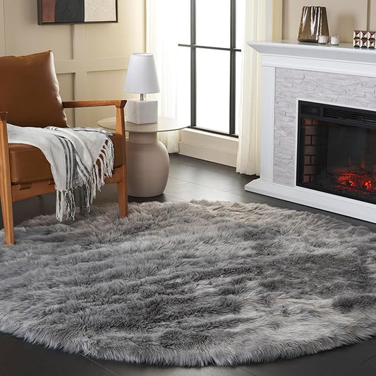 SAFAVIEH Faux Sheep Skin Collection 6' Round Grey FSS235D Silken Glam 2.35-inch Thick Area Rug