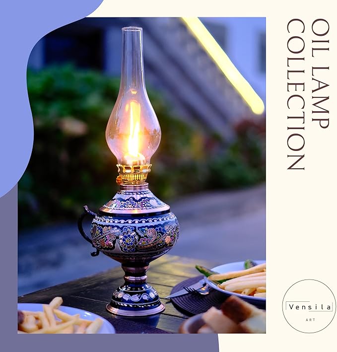 Handmade Copper Oil Lamp for Indoor Use 17.32” Vintage Hurricane Lanterns Decorative Indoor Emergency Lanterns for Power Outages Lights and Decorative Table Lamp Christmas Gift Farmhouse Kitchen Decor