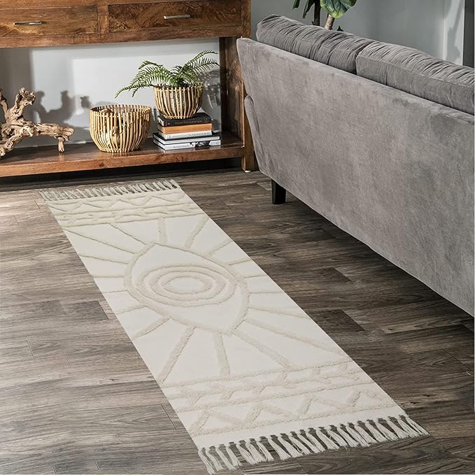 Uphome Boho Runner Rug 2'x6' Beige Evil Eye Tufted Hallway Rug Runner with Tassels Soft Cotton Woven Washable Kitchen Rugs Modern Minimalist Accent Rug for Bedroom Living Room Laundry Porch