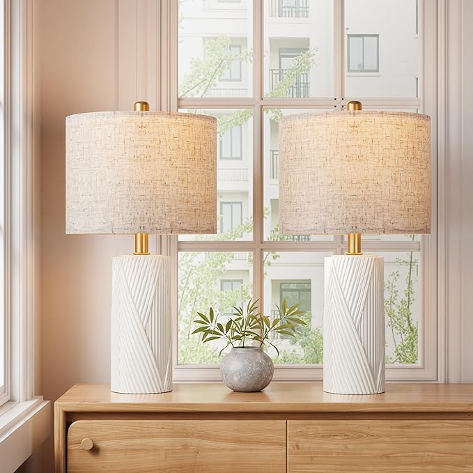 22" Modern Ceramic Table Lamp Set of 2 for Living Room, Table Lamps for Bedroom Set of 2， Farmhouse Bedside Nightstand Bedside Lamp End Table Lamps White