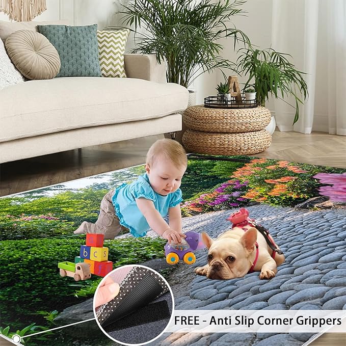 Japanese Gardens Washable Area Rugs 6x8 Non-Slip Garden Art Living Room Rug Eastern Aesthetics Soft for Carpet Low Pile Indoor Door Mat & Room Decor