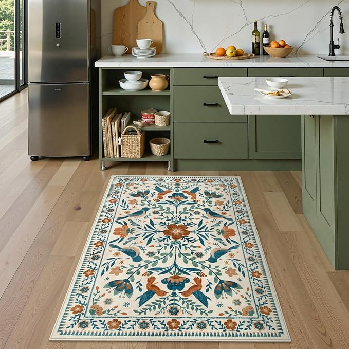 Moynesa 3x5 Entryway Rug Indoor, Modern Bohemian Washable Non-Slip Low Pile Area Rug for Kitchen Bedroom Entry,Lightweight Foldable Farmhouse Floral Bird Print Pattern Carpet Retro Home Decor