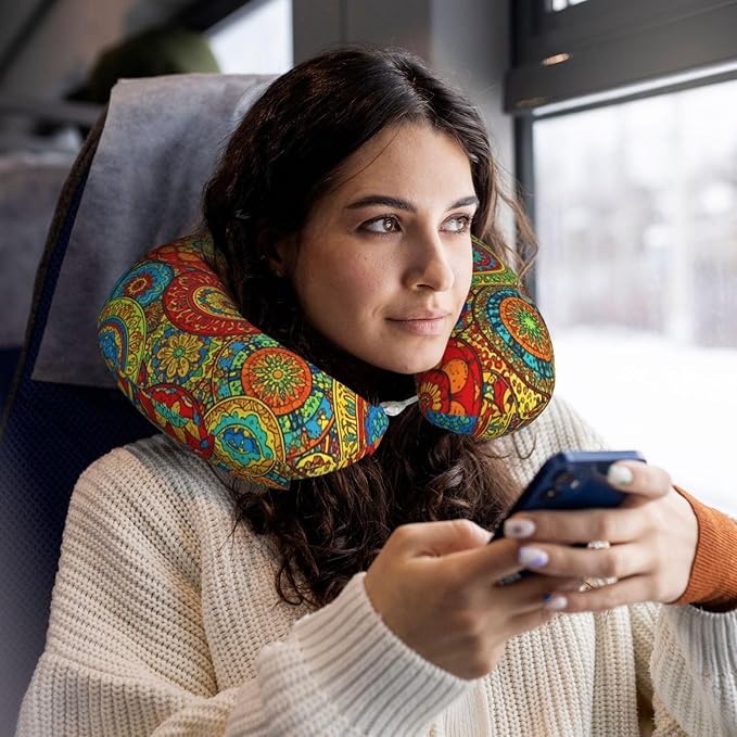 Comfortable Travel Pillow for Pain Relief Sleeping, Memory Foam Airplane Car Neck Pain Pillows Trippy Mandala Flower Gear, Funny Chin Head Support Cushion