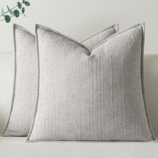 a moment Linen Pillow Covers Set of 2,Boho Farmhouse Throw Pillowcases Neutral Textured Decorative Covers for Couch Sofa, Linen Blend Accent Case Cushion Living Room Home Decor 22"x22" Beige Grey