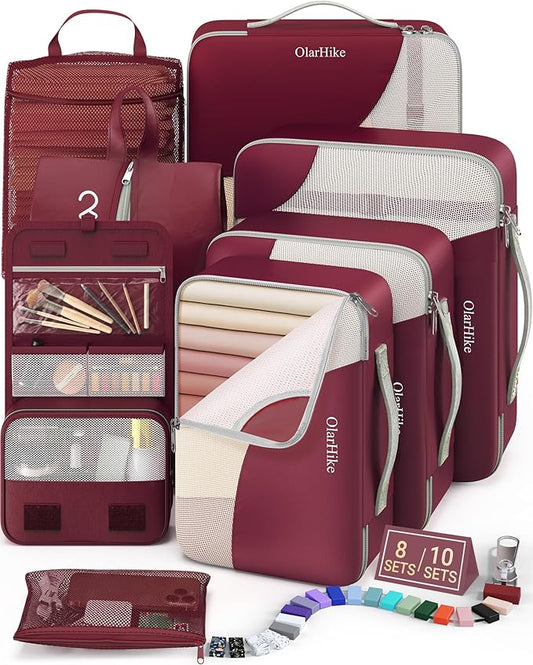 8 Set Packing Cubes for Travel, Anti-Tearing Suitcase Organizer for Luggage with Shoe & Hanging Toiletry Bag,Gifts for Women Mom,OlarHike Vacation Essentials & Accessories for Cruise Ship,Wine