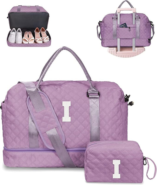 Vogewood Gifts for Friends-Initial Duffle Bag with Shoe Compartment, Personalized Weekender Bag, Monogram Overnight Bag, Travel Bag with Makeup Bag，Birthday Gifts Bag for Daughter Sister (Letter I)