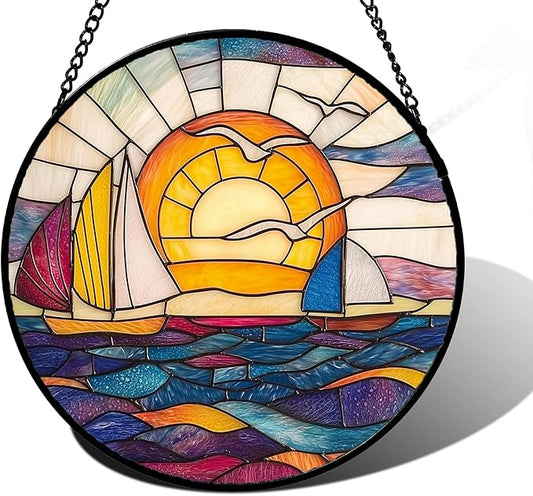 DASTOLL Stained Glass Window Hanging, Sailboat and Waves Suncatcher Diamond Glass Panel Hangings Sun Catchers Decor for Birthday for Women, Men, Wife, Aunt, and Mom 7.8 in