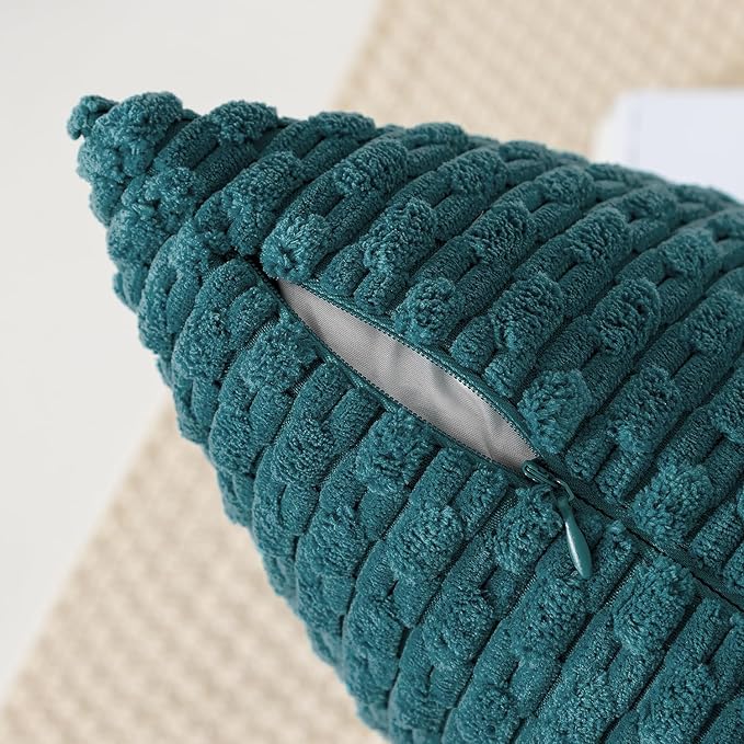 Kevin Textile Throw Pillow Covers Soft Corduroy Decorative Set of 2 Boho Striped Pillow Covers Pillowcases Farmhouse Home Decor for Couch Bed Sofa Living Room 18x18 Inch Teal Blue