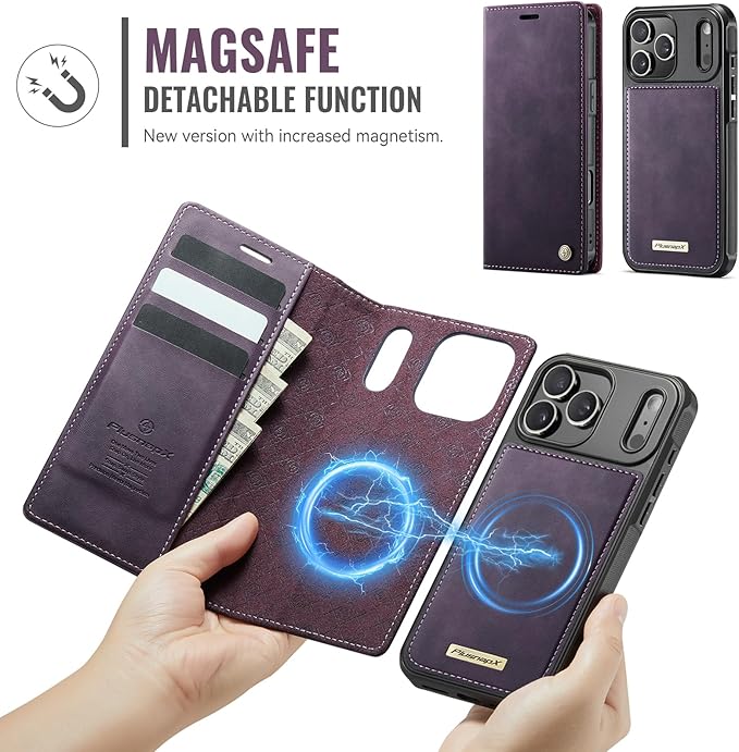 PlusnapX Wallet Case for iPhone 17 Pro Max Compatible with Magsafe, 2-IN-1 PU Leather Flip RFID Blocking Card Holder Stand Shockproof Magnetic Detachable Cover for iPhone 17 Pro Max 6.9", Retro Purple