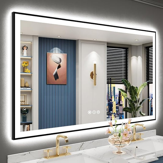 60x36 Inch Black Framed LED Bathroom Mirror with Lights, Backlit & Front Lit, Anti-Fog Lighted Vanity Mirrors for Bathroom Wall, Dimmable, 3-Color Light, Memory, Shatter-Proof, Tempered Glass