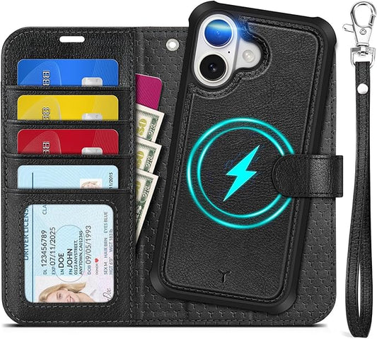 TUCCH Detachable Case Wallet for iPhone 17 (6.3") 2025, Removable Wrist Strap, Wireless Charging, Stand, 4 Card Slots RFID Blocking, 2-in-1 Magnetic, PU Leather, Shockproof Folio Cover, Textured Black