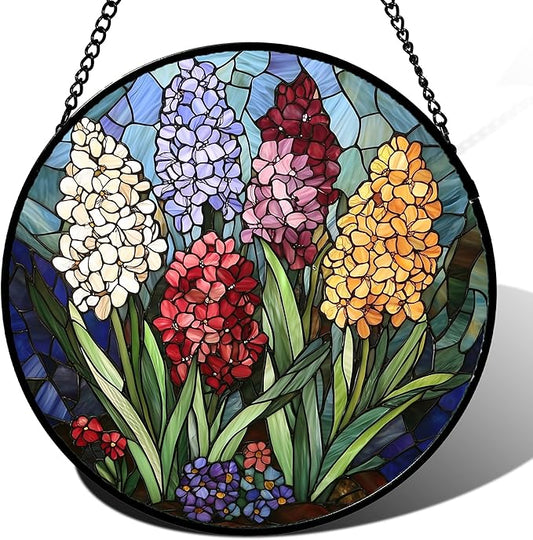 DASTOLL Stained Glass Window Hanging, Colorful Hyacinth Flowers Suncatcher for Doors Window Home Plant Sun Catchers Decoration Mother's Day Birthday Gifts for Women, Men, and Mom 7.8x7.8 in