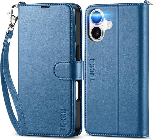 TUCCH Wallet Case for iPhone 17 (6.3-Inch) 2025, Wrist Strap | RFID Blocking 4 Card Holders | Kickstand | Shockproof TPU Shell | PU Leather | Magnetic | Protective Flip Cover | Light Blue