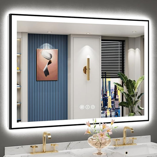 50x36 Inch Black Framed LED Bathroom Mirror with Lights, Backlit & Front Lit, Anti-Fog Lighted Vanity Mirrors for Bathroom Wall, Dimmable, 3-Color Light, Memory, Shatter-Proof, Tempered Glass