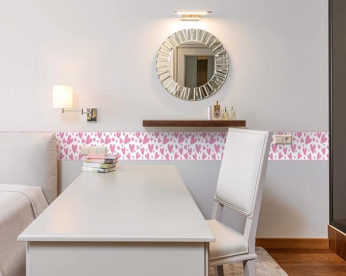 FLFK Pink Heart Wallpaper Border - Peel and Stick Wall Paper, Self Adhesive Removable PVC Borders Sticker, Modern Waterproof Trim for Home Decor, 8" x 240"