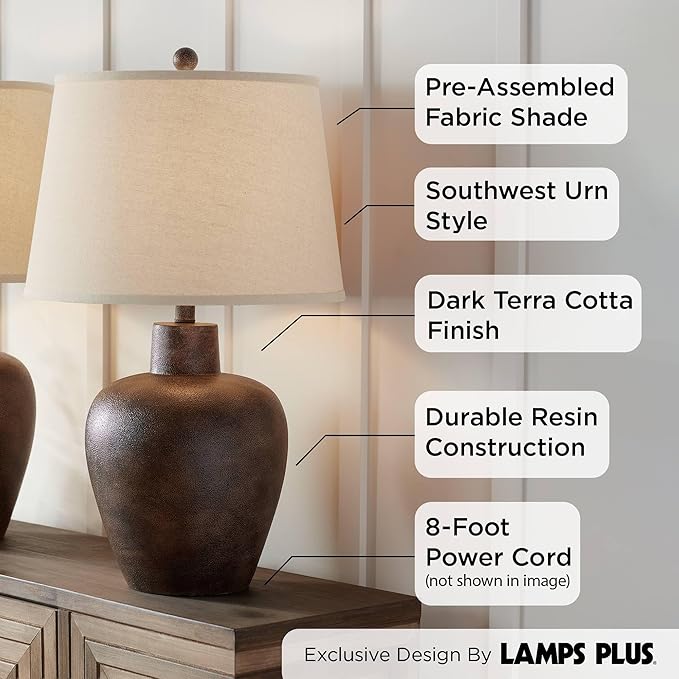 Regency Hill Glenn Farmhouse Rustic Southwestern Natural Cottage Table Lamps 27" Tall Set of 2 Dark Terra Cotta Tapered Fabric Drum Shade Decor for Living Room Bedroom House Bedside Nightstand