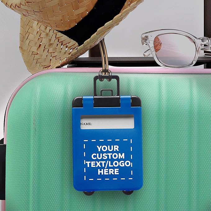 10 Mini Carry-on Luggage Tags Pack - Customizable Text, Logo - Flip Open Cover, ID Sticker - Blue