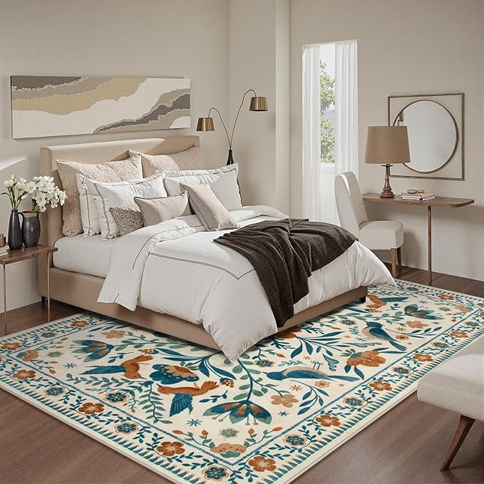 Moynesa Bedroom Rug 5x7, Washable Modern Bohemian Area Rugs for Living Room Dining Room, Farmhouse Floral Bird Print Pattern Carpet, Retro Home Decor Open Floor Areas Non-Slip Protection