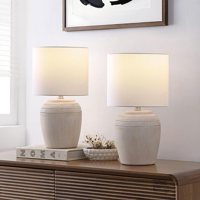 JONATHAN Y JYL5707B-SET2 16.75" Antique White Rustic Reeded Ceramic Table Lamp Set of 2 for Living Room, Traditional Farmhouse Bedside Nightstand Lamps with White Linen Shade, LED Bulbs Included