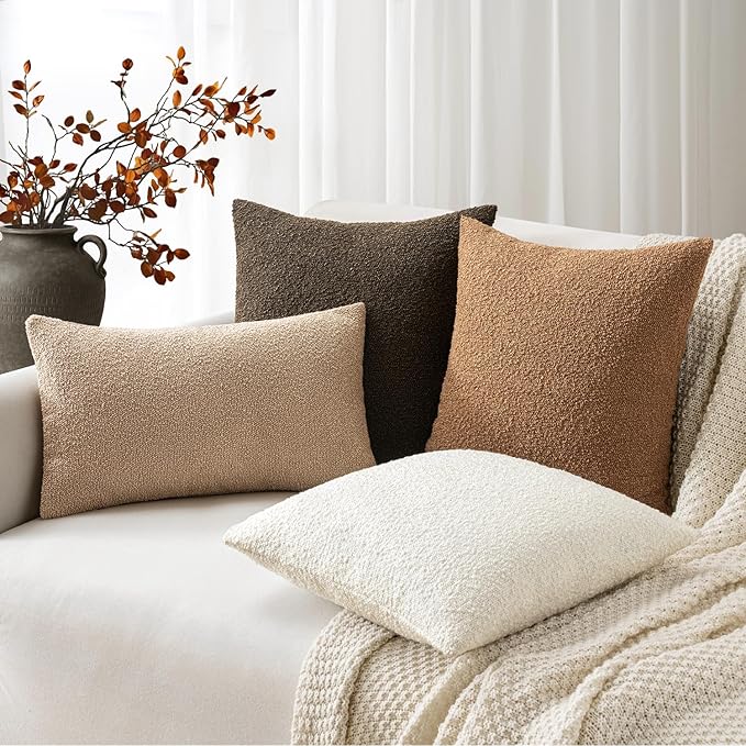 Woaboy Pack of 2 20x20 Inch Decorative Boucle Throw Pillow Covers Textured Square Pillowcaes Accent Solid Cozy Soft Cushion Covers Home Decor for Sofa Couch Living Room Home Decor,Brown