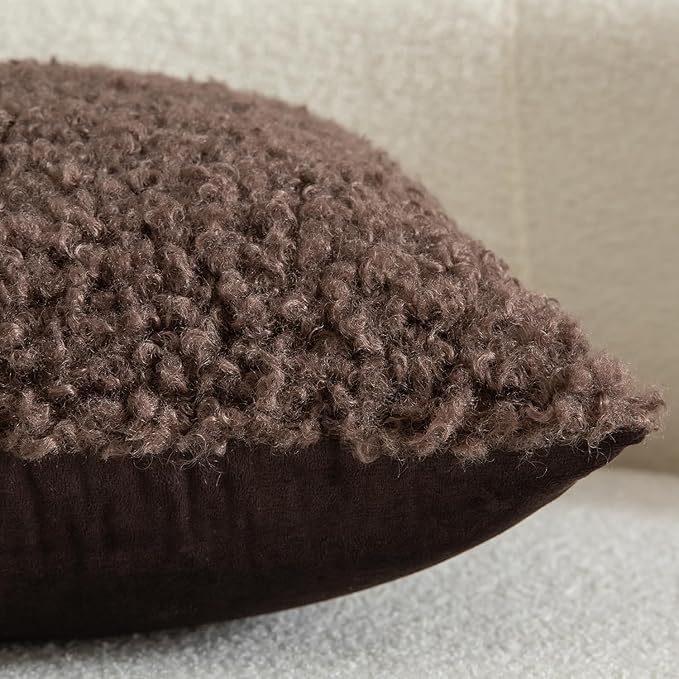 Yaertun Pack of 2 Faux Fur Throw Pillow Covers Decorative Sherpa Boucle Pillow Covers Fuzzy Soft Pillowcases Sheepskin Fleece Cushion Case for Couch Sofa Bed Living Room 16x16 Inch Chocolate