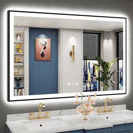 57x36 Black Framed LED Bathroom Mirror with Lights, Backlit + Front Lit, Anti-Fog Lighted Vanity Mirror for Bathroom Wall with 3 Colors, Dimmable, Memory, Shatter-Proof, HD Tempered Glass