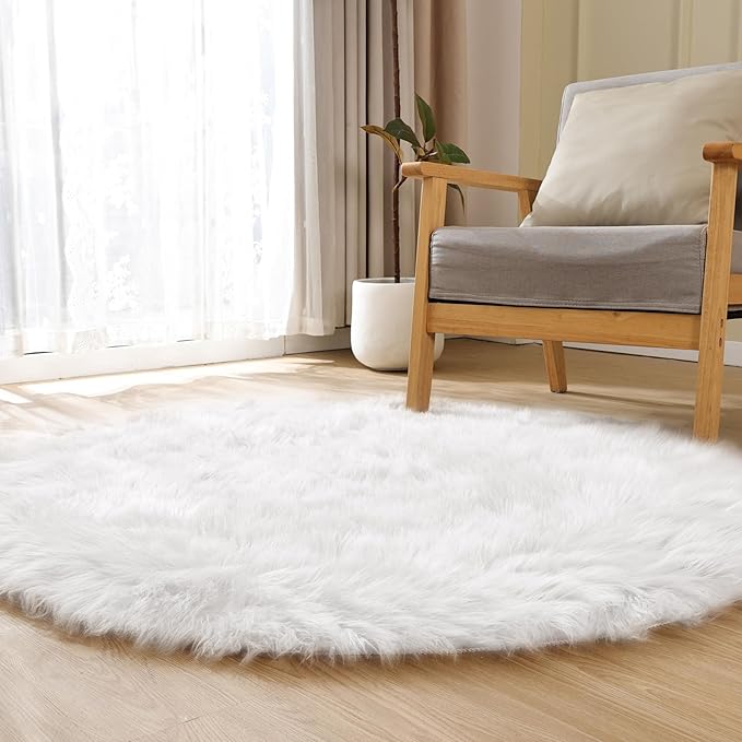 White Fluffy Faux Sheepskin Washable Fur Round Rug 5ft Nursery Rugs for Bedroom Plush Boho Circle Rug for Living Room Teen Room Décor