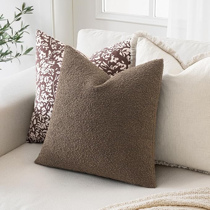 MIULEE 24x24 Decorative Euro Sham Throw Pillows for Bed Set of 2 Textured Boucle Neutral Winter Throw Pillow Covers Dark Brown Accent Solid Vintage Pillowcases Couch Sofa Livingroom Home Decor