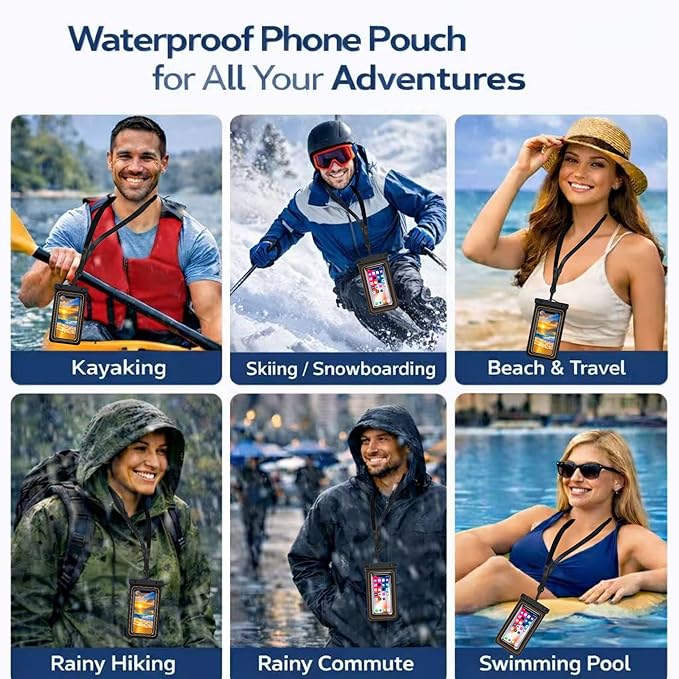 2-Pack IPX8 Floating Waterproof Phone Pouch, Dry Bag with Lanyard, Fits up to 7.2”, Compatible with iPhone 16/15/14/13 Pro Max, Galaxy S25/S24 Ultra, Pixel for Snorkeling, Kayaking (White-White)
