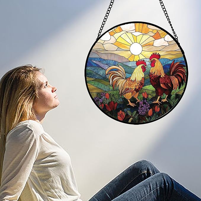 Stained Glass Window Hanging, Countryside Scenery Chicken Sun Catcher for Door Home Decor Sunrise Suncatcher Christmas Mother's Day Birthday Gifts for Women Men Mom Nana 7.8 in
