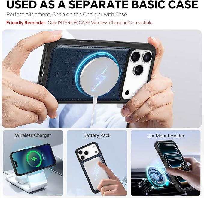 TUCCH 2-in-1 Detachable Wallet Case for iPhone 17 Pro Max 6.9" 2025, RFID Blocking | 4 Card Holders | Wireless Charging | Wrist Strap | Kickstand | Magnetic | PU Leather Protective Cover | Dark Blue