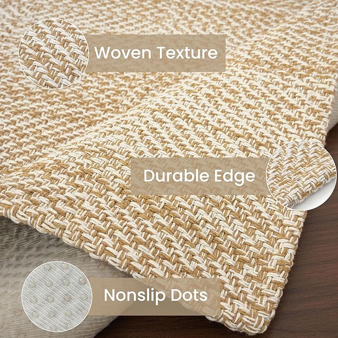 IOHOUZE Washable Runner Rug 2x12 Non Slip Rubber Backed Extra Long Hallway Runner Entryway Runner Indoor, Kitchen Rug Woven Cotton Carpet for Hall Entrance Stair, Warm Beige/Orange/Apricot