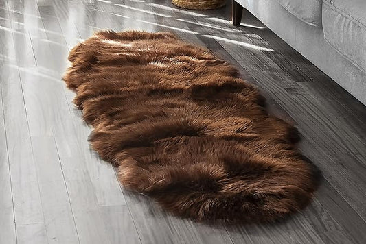 Silky Soft Faux Fur Rug, 2 ft. x 6 ft. Brown Fluffy Rug, Sheepskin Area Rug, Shaggy for Living Room, Bedroom, Kid's Room, or Nursery, Home Décor Accent, Machine Washable with Non-Slip Backing