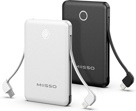 6000mah Ultra Slim Built in Cables Power Bank, Card Size Built in USB C Cords Battery Pack Portable Charger for Phones, 3 Output External Battery Pack Compatible with iPhone, 2-Pack Black & White