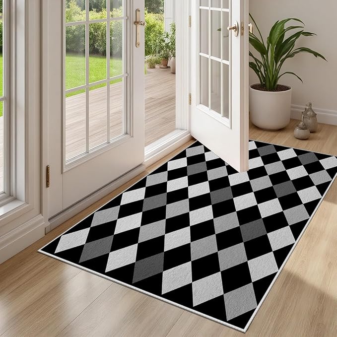 Black and White Rug 3x5, Rhombus Geometric Soft Ultra Soft Faux Wool Low Pile Rug, Indoor Floor Mats Carpet, Non-Slip Stain Resistant Washable Rugs, Modern Abstract Checkered Rugs for Living Room