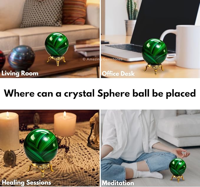Amazing Gemstone Malachite Crystal Ball with Stand - 1.5" Inches Crystal Sphere Meditation Balls for Witchcraft and Decorative Balls