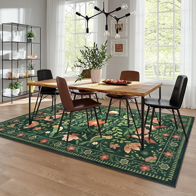 Moynesa Floral Bird 6x9 Green Area Rug for Living Room Bedroom Dining Room, Vintage Home Decorations for Modern Cottage Farmhouse Aesthetic Open Areas,Comfort Floor Protection Non-Slip Washable