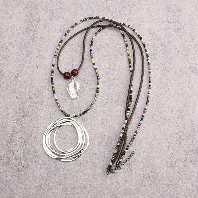 Leather Necklace for Women Boho Choker Necklace Long Cord Leather Pendant Bohemian Neckalce Vintage Alloy Pendant Leather Rope Necklace Wooden Necklaces for Women
