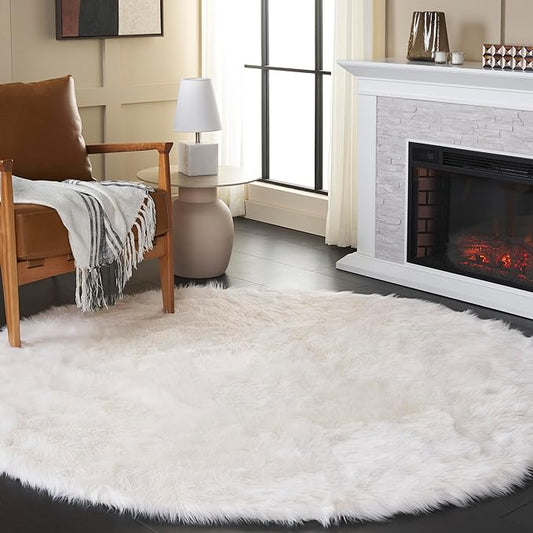SAFAVIEH Faux Sheep Skin Collection 6' Round Ivory FSS235A Silken Glam 2.35-inch Thick Area Rug