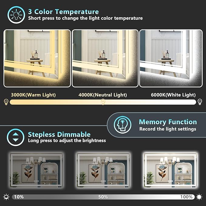 55x40 LED Bathroom Mirror with Lights, Backlit and Front Lit, Anti-Fog Lighted Vanity Mirrors for Bathroom Wall, Dimmable, 3-Color Light, Memory, Shatter-Proof, HD Tempered Glass, CRI＞90