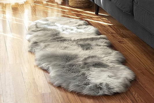 Silky Soft Faux Fur Rug, 2 ft. x 6 ft. Gray Fluffy Rug, Sheepskin Area Runner, Shaggy Carpet for Living Room, Bedroom, Kid's Room, or Nursery, Home Décor Accent, Machine Washable with Non-Slip Backing