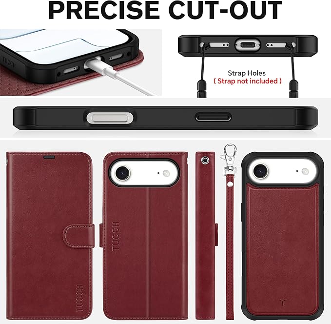TUCCH Detachable Case Wallet for iPhone Air (6.5") 2025, Wrist Strap | 4 Card Holders RFID Blocking | Wireless Charging | Stand | 2-in-1 Magnetic | PU Leather | Shockproof Folio Cover | Dark Red