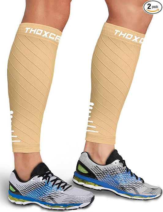 Thoxcare Calf Compression Sleeve for Men Women (2 Pairs), Leg Support Footless Compression Socks for Running - Shin Splint Varicose Veins Swelling & Pain Relief, Beige/White, X-Large