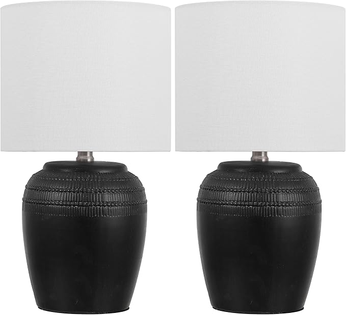 JONATHAN Y JYL5707A-SET2 16.75" Black Rustic Reeded Ceramic Table Lamp Set of 2 for Living Room, Traditional Farmhouse Bedside Nightstand Lamps with White Linen Shade, LED Bulbs Included